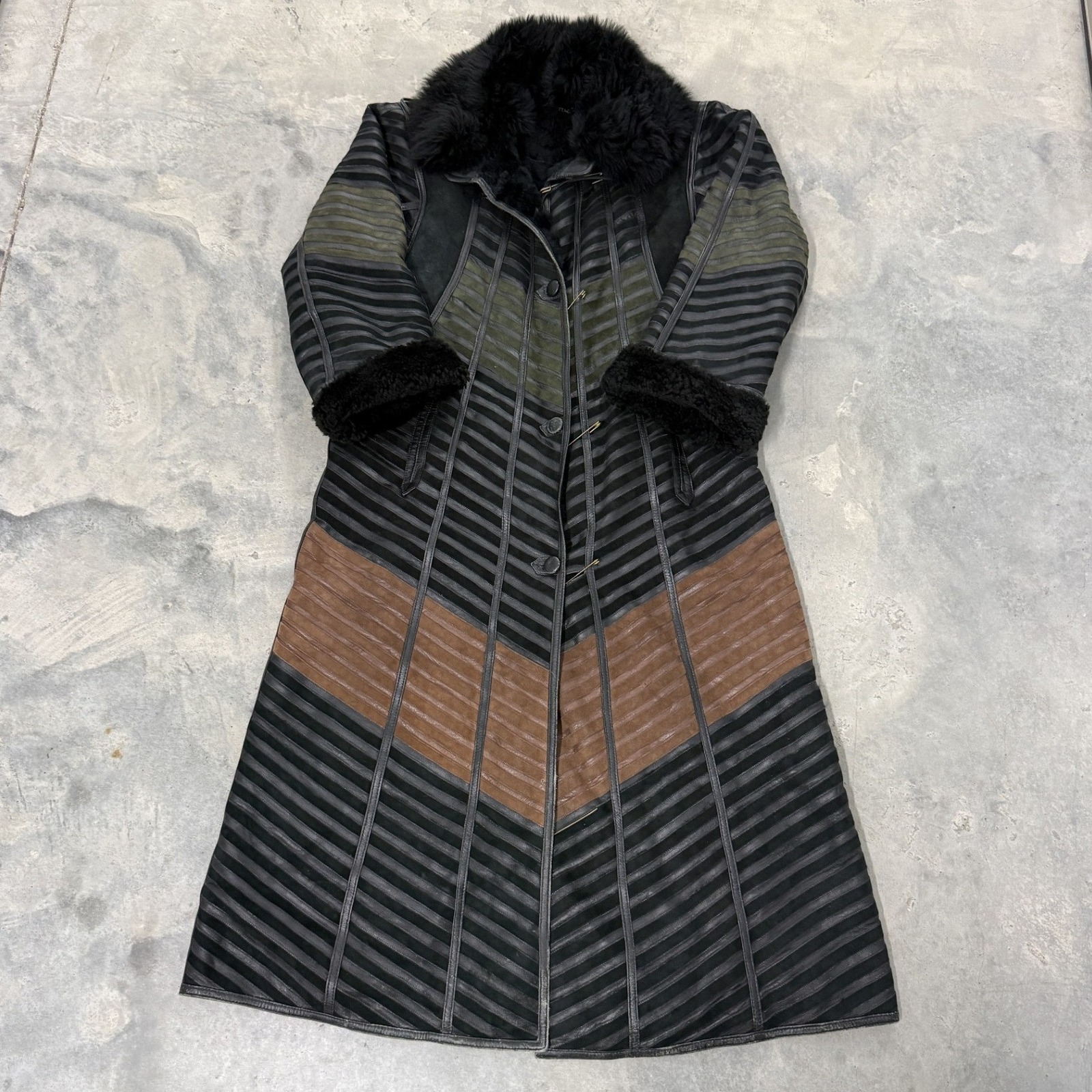 Vintage Shearling Fur Long Coat Womens S Black Patchwork Suede Leather Excellent